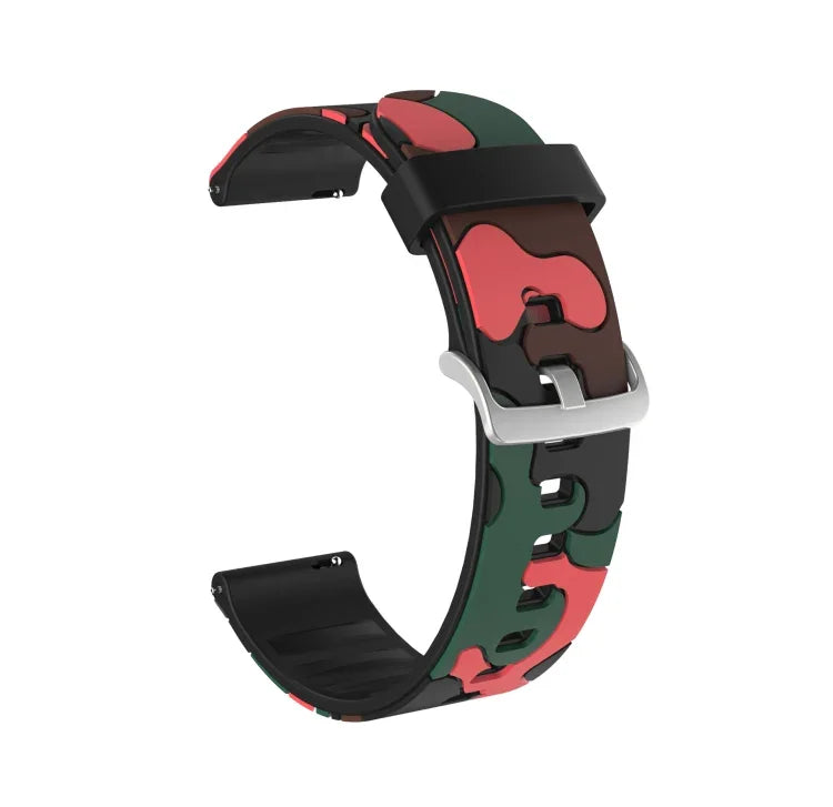 Camouflage Silicone Replacement Wrist Strap Watchband with Silver Buckle, 20mm For Samsung Galaxy Watch 3 41mm, 22mm For Samsung Galaxy Watch 3 45mm, 20mm For Samsung Galaxy Watch Active2 44mm, 20mm For Huawei Watch GT 2 42mm