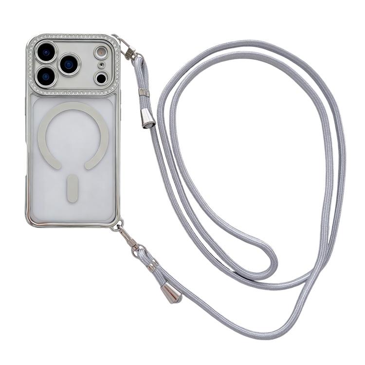 Rhinestone Clear Acrylic Electroplated Magnetic Phone Case with Right-Side Crossbody Lanyard, For iPhone 17 Pro Max, For iPhone 17 Pro, For iPhone 17, For iPhone Air, For iPhone 16 Pro Max, For iPhone 16 Pro, For iPhone 16 Plus, For iPhone 16