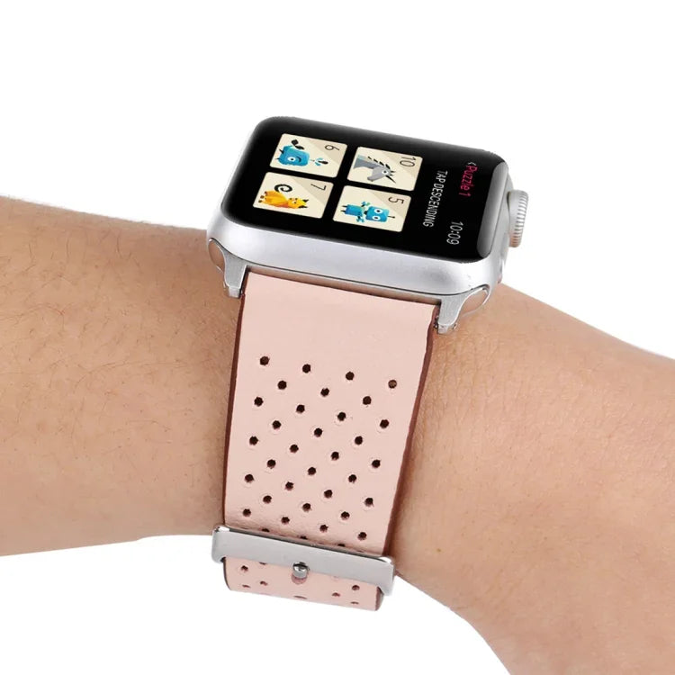 For Apple Watch Series 10 42mm / 9&8&7 41mm / SE 3&SE 2&6&SE&5&4 40mm / 3&2&1 38mm Simple Fashion Genuine Leather Hole Pattern Watch Band, 38mm