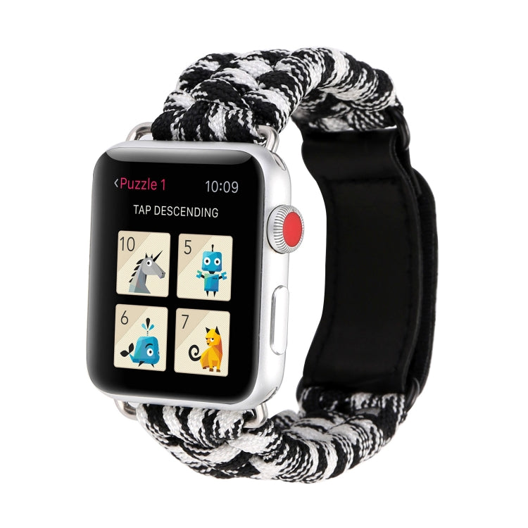 Magic Paste Genuine Leather Umbrella Rope Nylon Wrist Watch Band with and Stainless Steel Buckle for Apple Watch Series 10 42mm / 9&8&7 41mm / SE 3&SE 2&6&SE&5&4 40mm / 3&2&1 38mm, 7 41mm / 6&SE&5&4 40mm / 3&2&1 38mm