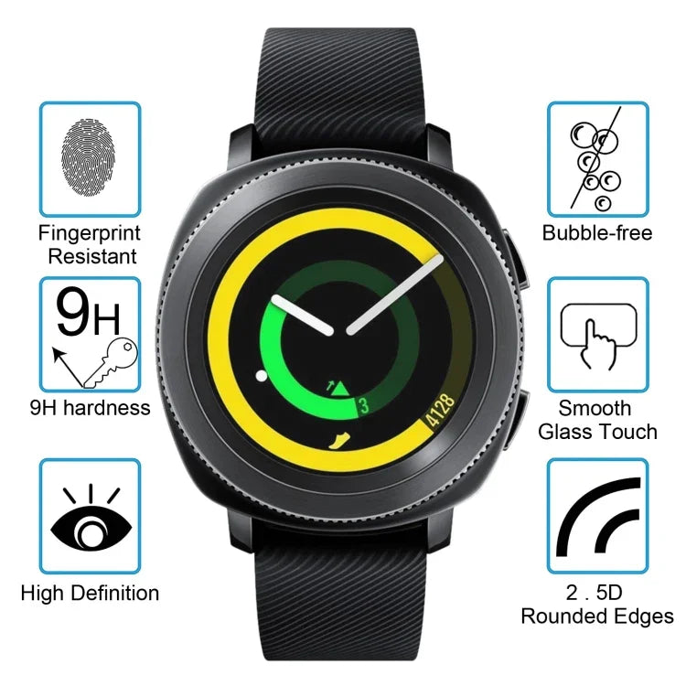 Samsung Gear Sport tempered glass screen protector with fingerprint resistance and 9H hardness features.