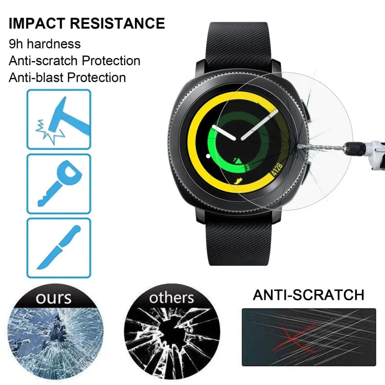 Samsung Gear Sport tempered glass screen protector showing impact resistance and anti-scratch features.