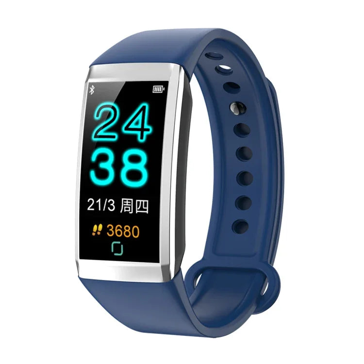 IP67 waterproof smart bracelet displaying heart rate and step count on a blue wristband.