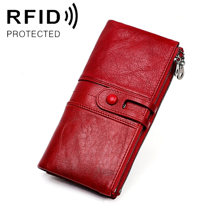 3520 Long Cowhide Leather Folding Anti-magnetic RFID Wallet for Ladies, with Card Slots, 3520 Red, 3520 Yellowish-brown, 3520 Black, 3520 Coffee, 3520 Blue