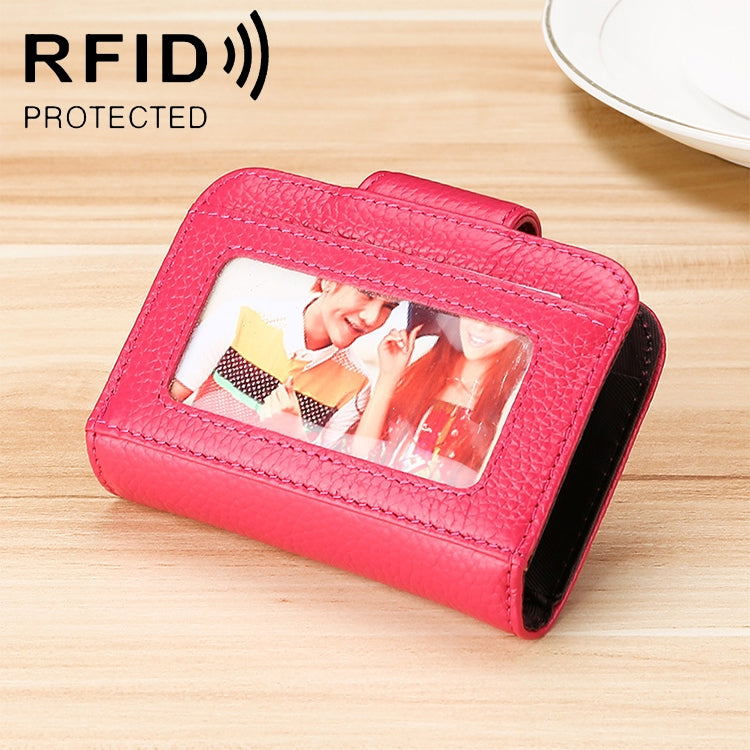 KB188 Horizontal Cowhide Leather Organ Shape Multiple Card Slots Anti-magnetic RFID Wallet for Ladies, with Transparent Window, KB188 Black, KB188 Coffee, KB188 Purple, KB188 Rose Red, KB188 Sapphire Blue