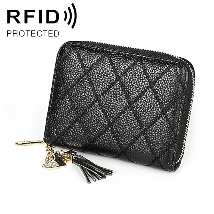 KB213 Diamond Texture Zipper Cowhide Leather Double Row Organ Shape Multiple Card Slots Anti-magnetic RFID Wallet Clutch Bag for Ladies, KB213 Black, KB213 Pink, KB213 Blue, KB213 Light Pink, KB213 Rose Red