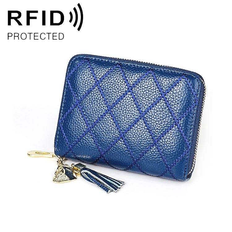 KB213 Diamond Texture Zipper Cowhide Leather Double Row Organ Shape Multiple Card Slots Anti-magnetic RFID Wallet Clutch Bag for Ladies, KB213 Blue, KB213 Light Pink, KB213 Rose Red, KB213 Black, KB213 Pink