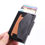 X-32C Automatically Pop-up Card Type Anti-magnetic RFID Anti-theft Men Aluminum Alloy A Dial Button Elastic Bag Wallet with PU Leather Strap, X-32C A Dial Button  Silver, X-32C A Dial Button Black
