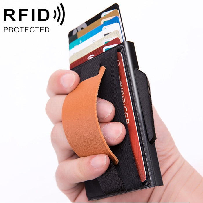 X-32C Automatically Pop-up Card Type Anti-magnetic RFID Anti-theft Men Aluminum Alloy B Dial Button Elastic Bag Wallet with PU Leather Strap, X-32C B Dial Button Grey, X-32C B Dial Button Blue, X-32C B Dial Button Black