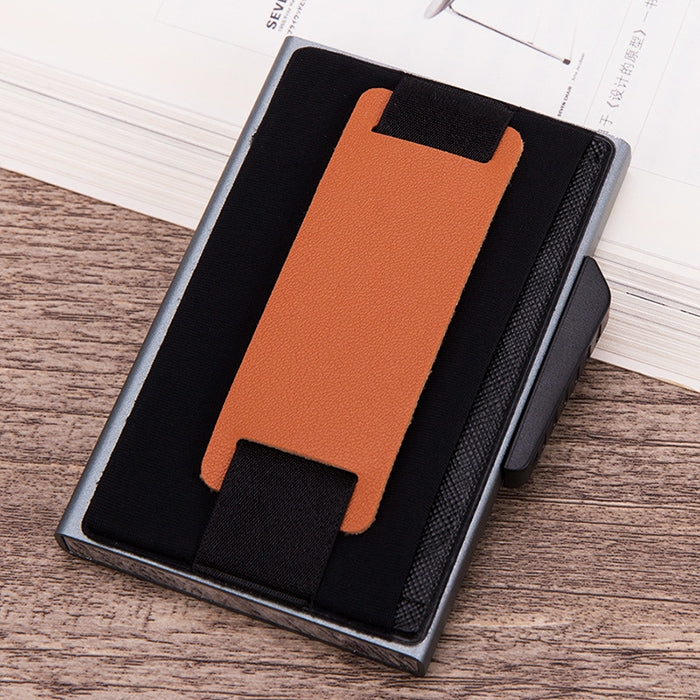 X-32C Automatically Pop-up Card Type Anti-magnetic RFID Anti-theft Men Aluminum Alloy B Dial Button Elastic Bag Wallet with PU Leather Strap, X-32C B Dial Button Grey, X-32C B Dial Button Blue, X-32C B Dial Button Black