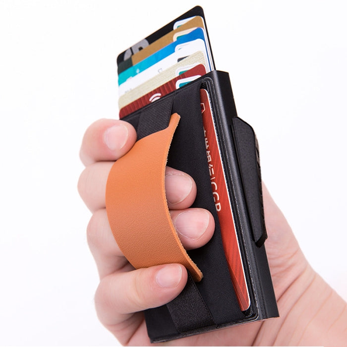 X-32C Automatically Pop-up Card Type Anti-magnetic RFID Anti-theft Men Aluminum Alloy B Dial Button Elastic Bag Wallet with PU Leather Strap, X-32C B Dial Button Grey, X-32C B Dial Button Blue, X-32C B Dial Button Black