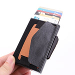 X-32C Automatically Pop-up Card Type Anti-magnetic RFID Anti-theft Men Aluminum Alloy B Dial Button Elastic Bag Wallet with PU Leather Strap, X-32C B Dial Button Grey, X-32C B Dial Button Blue, X-32C B Dial Button Black