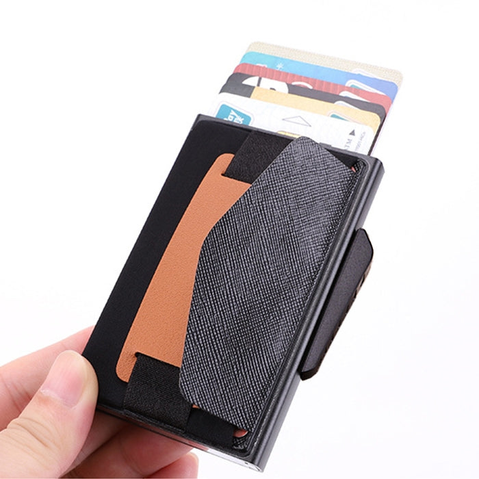 X-32C Automatically Pop-up Card Type Anti-magnetic RFID Anti-theft Men Aluminum Alloy B Dial Button Elastic Bag Wallet with PU Leather Strap, X-32C B Dial Button Grey, X-32C B Dial Button Blue, X-32C B Dial Button Black