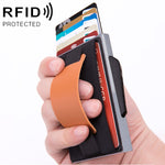 X-32C Automatically Pop-up Card Type Anti-magnetic RFID Anti-theft Men Aluminum Alloy B Dial Button Elastic Bag Wallet with PU Leather Strap, X-32C B Dial Button Grey, X-32C B Dial Button Blue, X-32C B Dial Button Black
