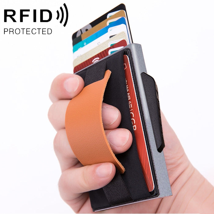 X-32C Automatically Pop-up Card Type Anti-magnetic RFID Anti-theft Men Aluminum Alloy B Dial Button Elastic Bag Wallet with PU Leather Strap, X-32C B Dial Button Grey, X-32C B Dial Button Blue, X-32C B Dial Button Black