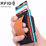 X-32C Automatically Pop-up Card Type Anti-magnetic RFID Anti-theft Men Aluminum Alloy B Dial Button Elastic Bag Wallet with PU Leather Strap, X-32C B Dial Button Grey, X-32C B Dial Button Blue, X-32C B Dial Button Black