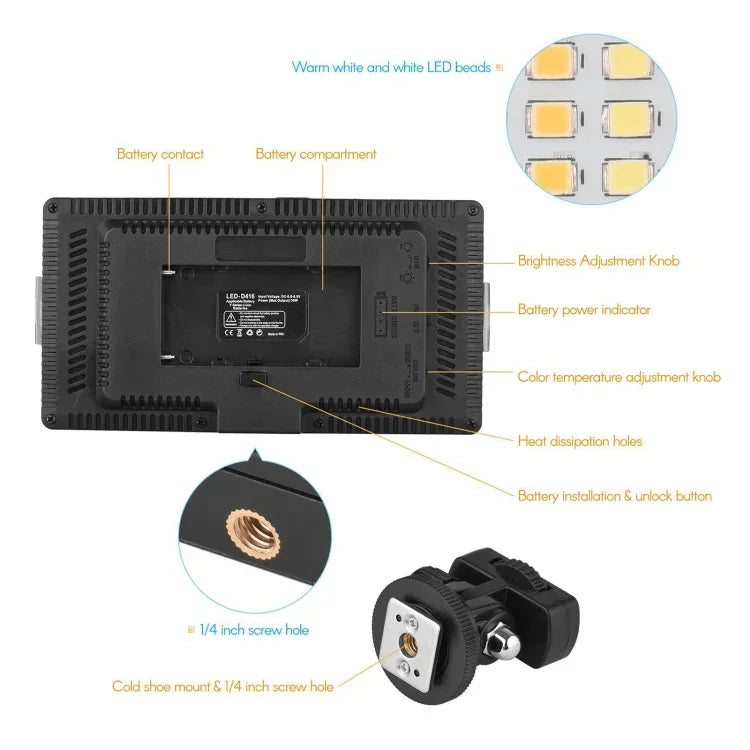 LED01 416 LEDs 3600LM Professional Vlogging Photography Video & Photo Studio Light for Canon / Nikon DSLR Cameras, 416 LED