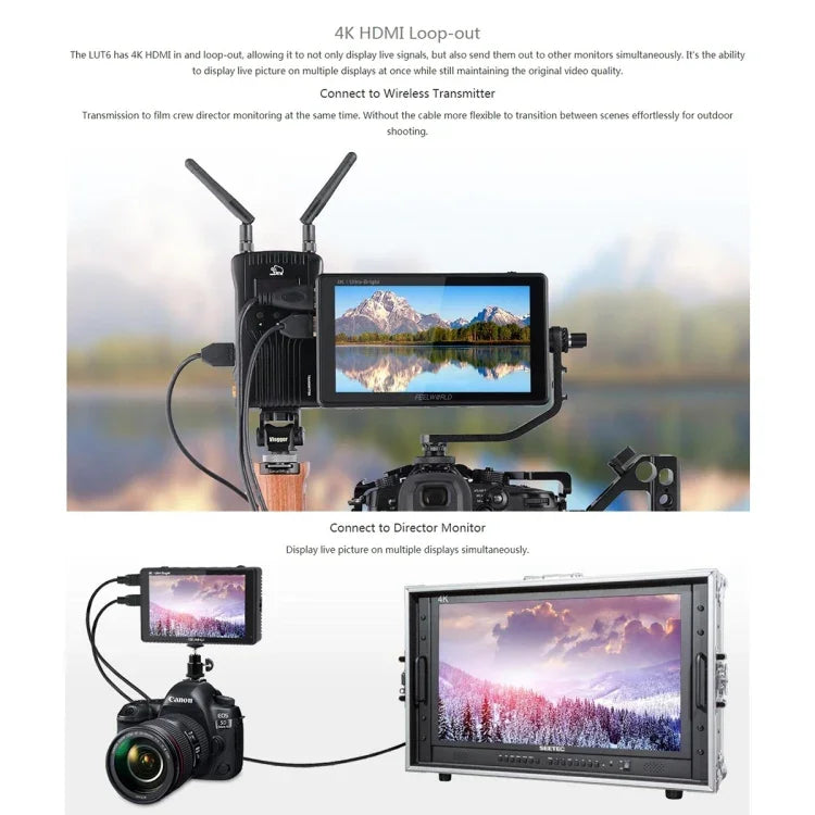 FEELWORLD LUT6 1920x1080 2600 nits 6 inch IPS Screen HDMI 4K Touch Control Camera Field Monitor, LUT6