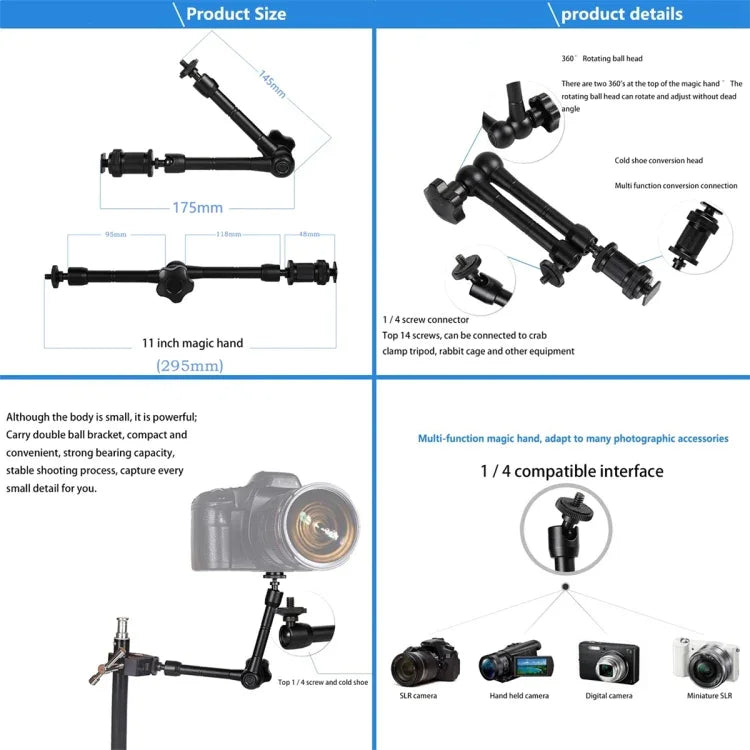 11 inch Adjustable Friction Articulating Magic Arm + Large Claws Clips, 11 inch Magic Arm + Claws Clips
