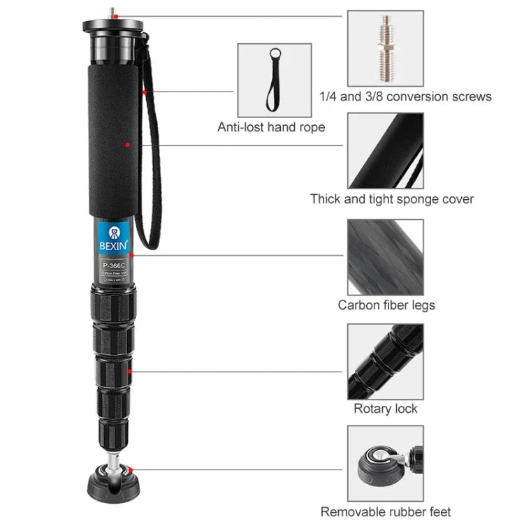 BEXIN P336C Camera Carbon Fiber Monopod Travel Live Selfie Bracket Holder, P336C