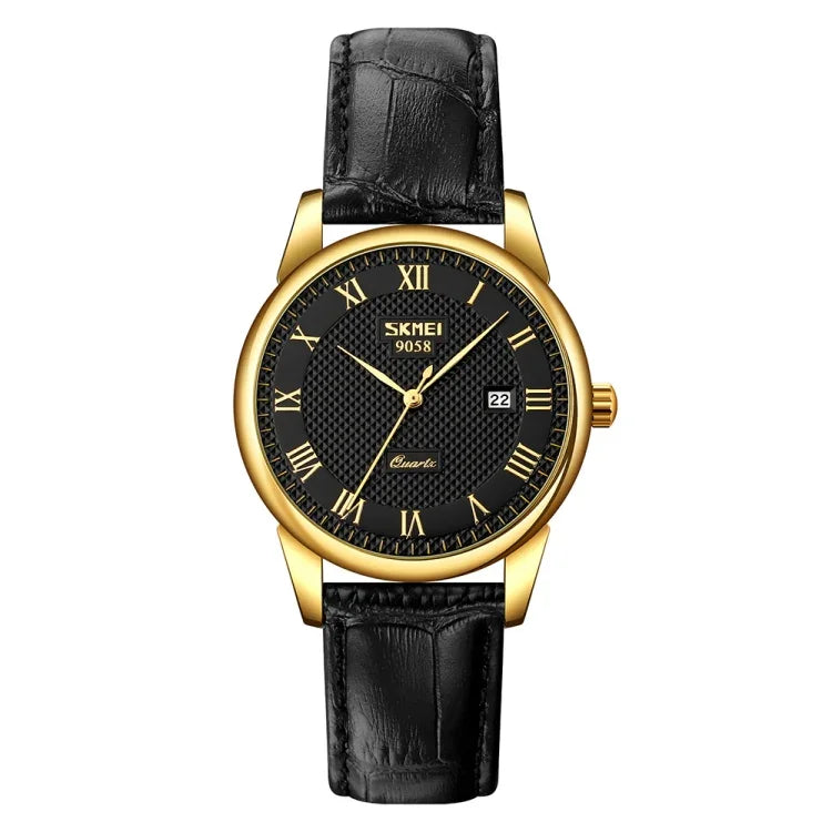SKMEI 9058 Multifunctional Outdoor Fashion Waterproof Gold Shell Quartz Wrist Watch, Women Style Black Face Black Strap, Women Style Silver Face Brown Strap, Women Style Gold Face Brown Strap, Men Style Silver Face Brown Strap