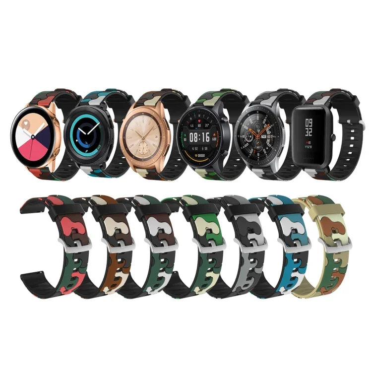 Camouflage Silicone Replacement Wrist Strap Watchband with Silver Buckle, 20mm For Samsung Galaxy Watch 3 41mm, 22mm For Samsung Galaxy Watch 3 45mm, 20mm For Samsung Galaxy Watch Active2 44mm, 20mm For Huawei Watch GT 2 42mm                           ...