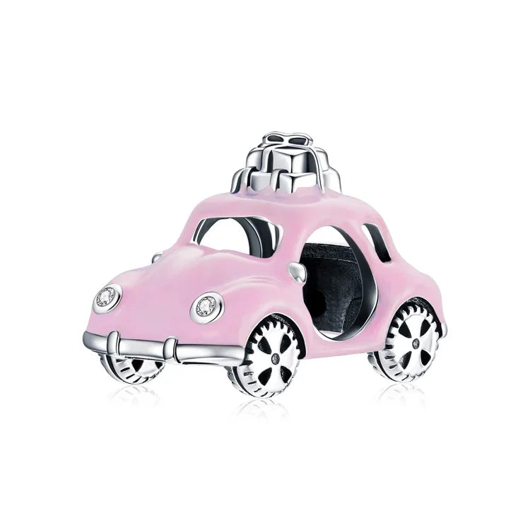 S925 Sterling Silver Pink Car Beads DIY Bracelet Necklace Accessories, Pink Car