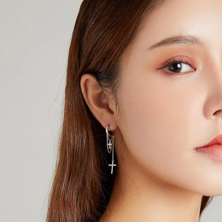 S925 Sterling Silver Long Tassel Shining Cross Women Earrings, Long Tassel Shining Cross