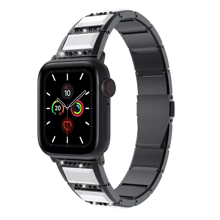 two-tone steel strap for Apple Watch, stylish design, compatible with multiple Apple Watch series sizes.