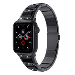 Two-tone steel strap for Apple Watch, showcasing a black strap with a sleek design and smartwatch on display.