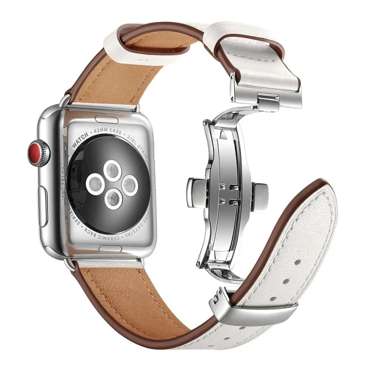 Genuine Leather + Butterfly Silver Buckle Replacement Watchbands For Apple Watch Series 6 & SE & 5 & 4 44mm / 3 & 2 & 1 42mm, Silver Buckle For Apple Watch Series 7 45mm / 6 & SE & 5 & 4 44mm / 3 & 2 & 1 42mm