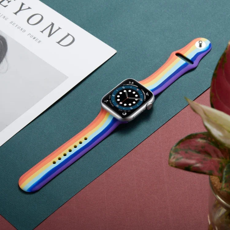 Rainbow Silicone Strap Watchband For Apple Watch Series, 7 45mm / 6 & SE & 5 & 4 44mm / 3 & 2 & 1 42mm, 7 41mm / 6 & SE & 5 & 4 40mm / 3 & 2 & 1 38mm