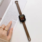 Double Studs Buckle Genuine Leather Strap Watchband For Apple Watch Series, 7 45mm / 6 & SE & 5 & 4 44mm / 3 & 2 & 1 42mm, 7 41mm / 6 & SE & 5 & 4 40mm / 3 & 2 & 1 38mm