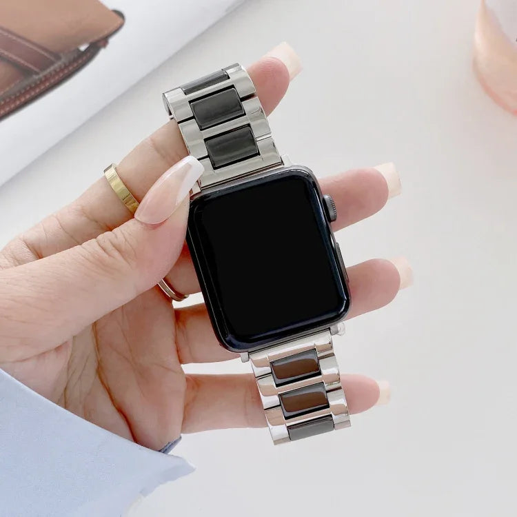22mm Width Three Beads Ceramics Steel Replacement Strap Watchband For Apple Watch Series, 7 41mm / 6 & SE & 5 & 4 40mm / 3 & 2 & 1 38mm, 7 45mm / 6 & SE & 5 & 4 44mm / 3 & 2 & 1 42mm