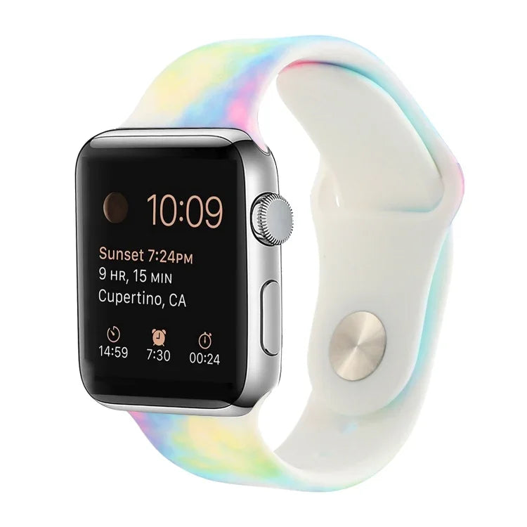 Silicone Painted Pattern Replacement Watchband For Apple Watch Series, 7 41mm / 6 & SE & 5 & 4 40mm / 3 & 2 & 1 38mm, 7 45mm / 6 & SE & 5 & 4 44mm / 3 & 2 & 1 42mm