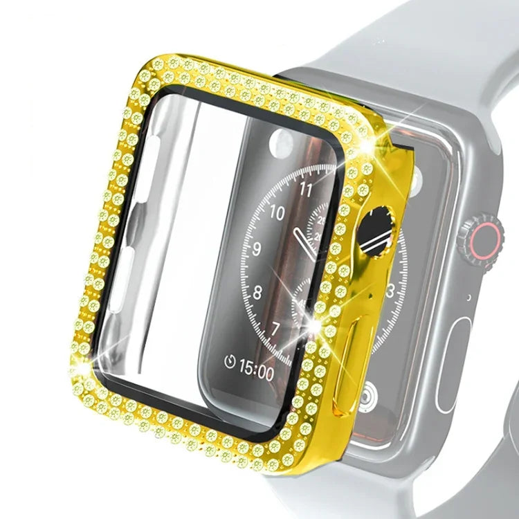 Electroplating PC Double Rows Diamond Protective Case with Tempered Glass Film For Apple Watch Series, 3 & 2 & 1 38mm, 3 & 2 & 1 42mm