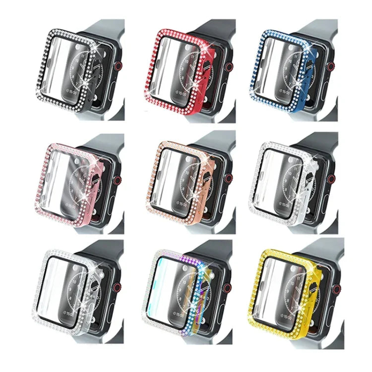 Electroplating PC Double Rows Diamond Protective Case with Tempered Glass Film For Apple Watch Series, 3 & 2 & 1 38mm, 3 & 2 & 1 42mm