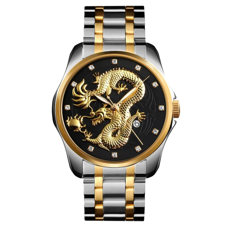 SKMEI 9193 Men Golden Dragon Pattern Calendar Dial Luminous Quartz Watch
