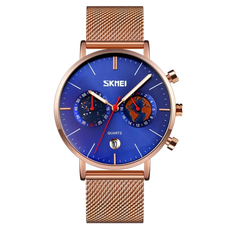 SKMEI 9231 Men Map Pattern Calendar Stopwatch Stainless Steel Strap Quartz Watch