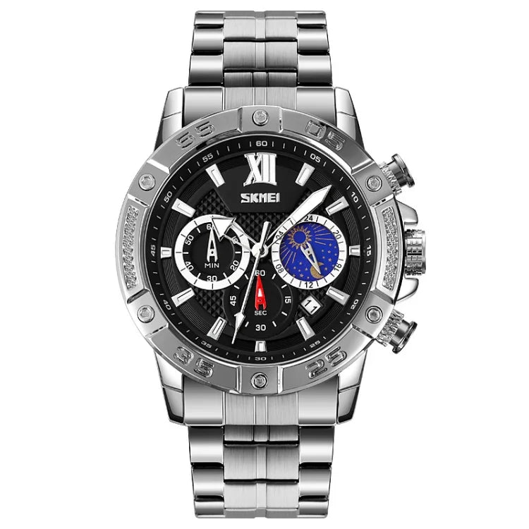 SKMEI 9235 Men Moonphase Stopwatch Stainless Steel Strap Quartz Watch