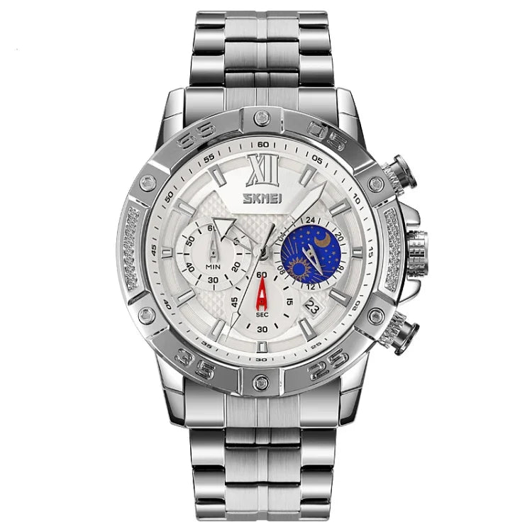 SKMEI 9235 Men Moonphase Stopwatch Stainless Steel Strap Quartz Watch