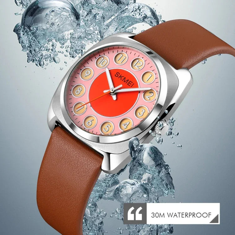 SKMEI Q029 Ladies Phone Number Pattern Dial Leather Strap Quartz Watch