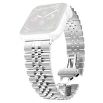 Stainless steel replacement watchband for Apple Watch, stylish adjustable strap compatible with various Apple Watch models.