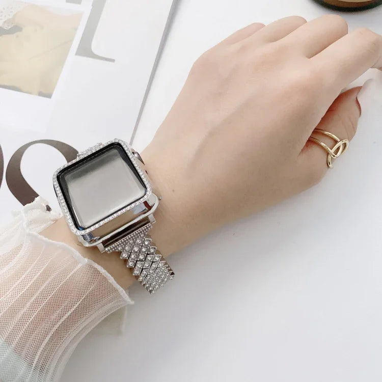 Rhombus Full Diamond Metal Replacement Wrist Strap Watchband + Case For Apple Watch Series, For Apple Watch Series 6 / 5 / 4 / Watch SE 40mm, For Apple Watch Series 6 / 5 / 4 / Watch SE 44mm, 3 & 2 & 1 42mm, 3 & 2 & 1 38mm
