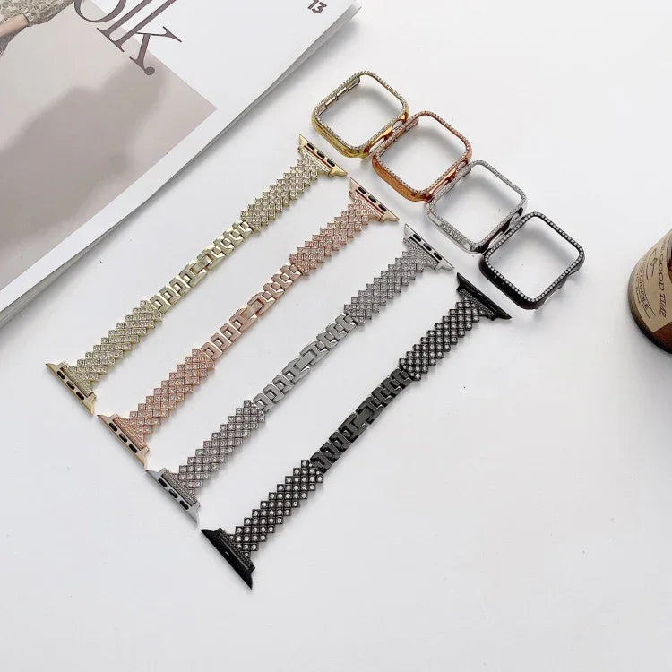 Rhombus Full Diamond Metal Replacement Wrist Strap Watchband + Case For Apple Watch Series, For Apple Watch Series 6 / 5 / 4 / Watch SE 40mm, For Apple Watch Series 6 / 5 / 4 / Watch SE 44mm, 3 & 2 & 1 42mm, 3 & 2 & 1 38mm