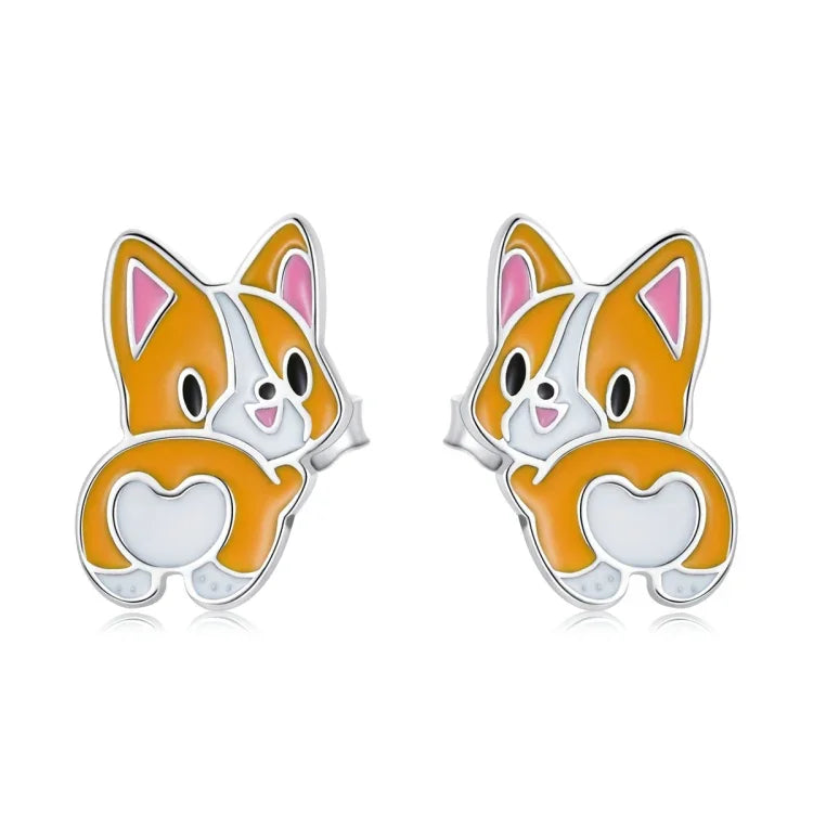 S925 Sterling Silver Cute Corgi Ear Studs Women Earrings, Cute Corgi