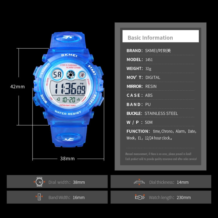 SKMEI 1451 LED Digital Stopwatch Chronograph Luminous Children Sports Electronic Watch, 1451(Transparent Purple), 1451(Transparent Sky Blue), 1451(Transparent Rose Red), 1451(White Shell Blue Circle), 1451(Yellow Shell Blue Circle)                     ...