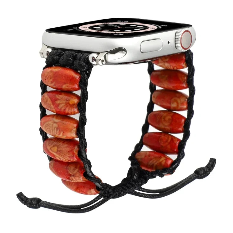 Wooden Bead Watchband For Apple Watch Series, 7 41mm / 6&SE&5&4 40mm / 3&2&1 38mm, 7 45mm / 6&SE&5&4 44mm / 3&2&1 42mm