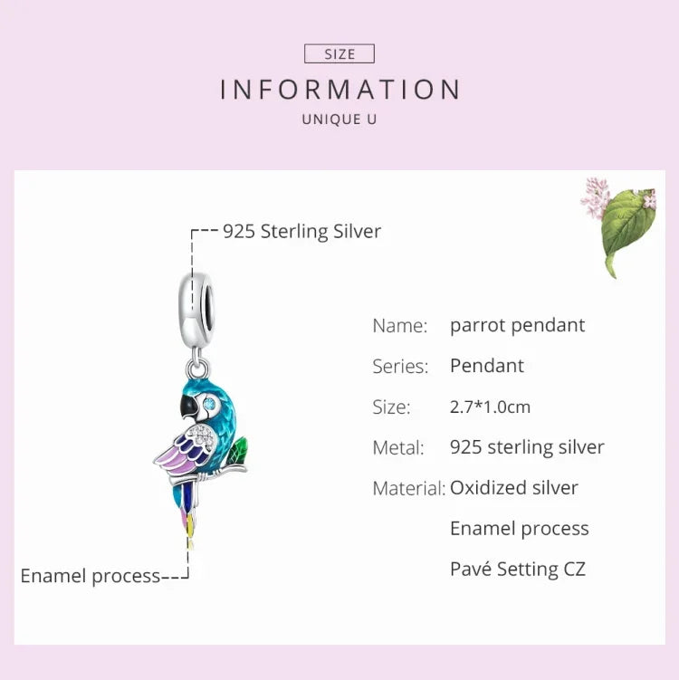 S925 Sterling Silver Parrot Pendant DIY Bracelet Necklace Accessories, Parrot