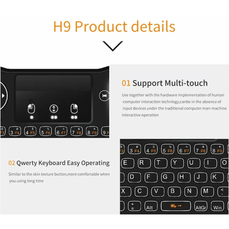 H9 2.4GHz Mini Wireless Air Mouse QWERTY Keyboard with White Backlight & Touchpad for PC, TV, with White Backlight